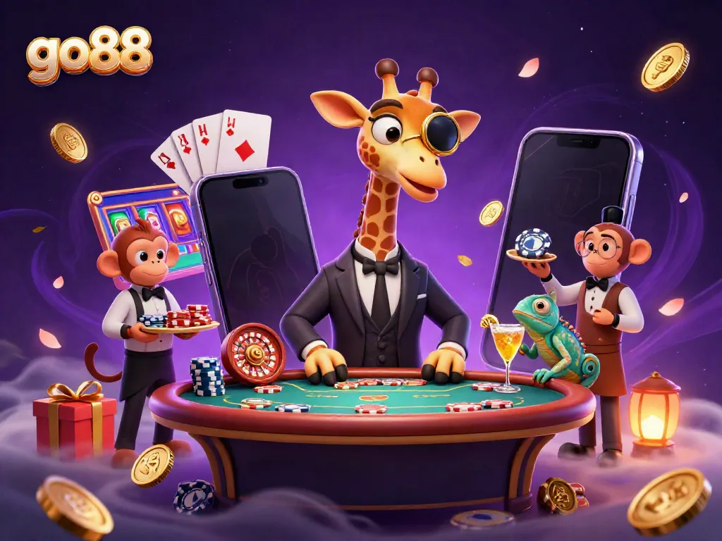 Engaging illustration of go88 with a giraffe player at a poker table, monkey valet, and chameleon bartender.
