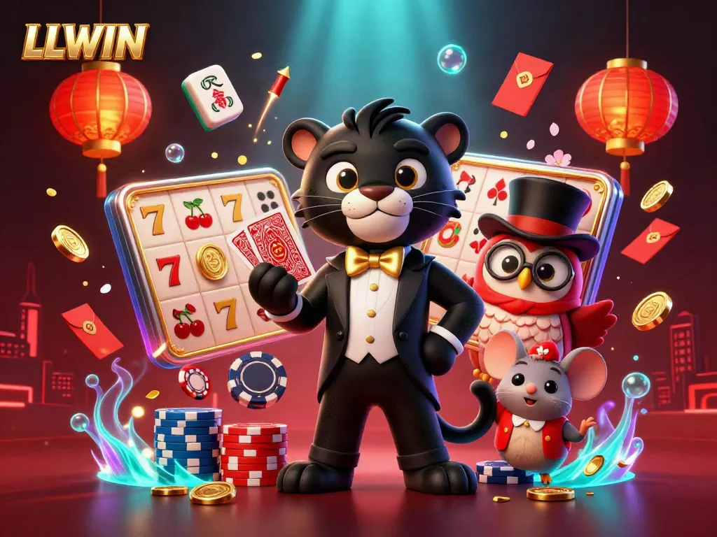 Experience the excitement of LLWIN as a stylish panther deals cards surrounded by vibrant gaming elements.