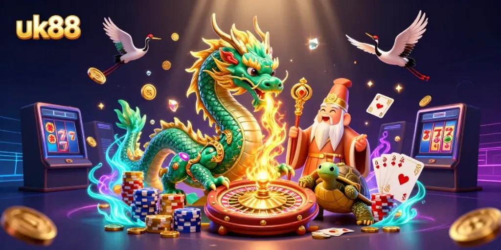 Engage in thrilling gameplay with uk88 as a jade dragon and wise turtle sage illuminate a dynamic casino scene.
