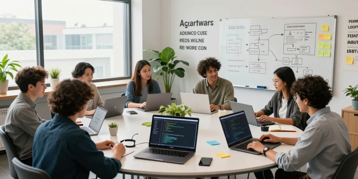 Dynamic teamwork in a modern tech workspace showcasing the best AI tools for software development.