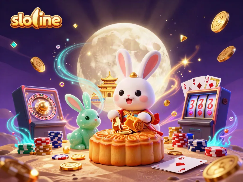 Experience the excitement of slot online as the moon rabbit reveals poker chips from golden mooncakes.
