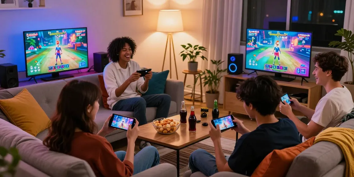 Players enjoy transformation hentai games on mobile devices in cozy living room, showcasing gameplay and camaraderie.
