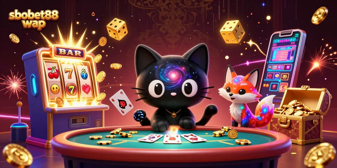 Experience thrilling wins with sbobet88 wap, featuring a cosmic casino scene filled with vibrant game elements.