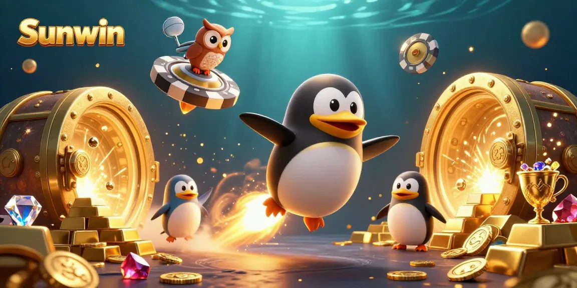 Experience casino excitement with Sunwin in a space-themed adventure featuring a golden penguin and casino elements.