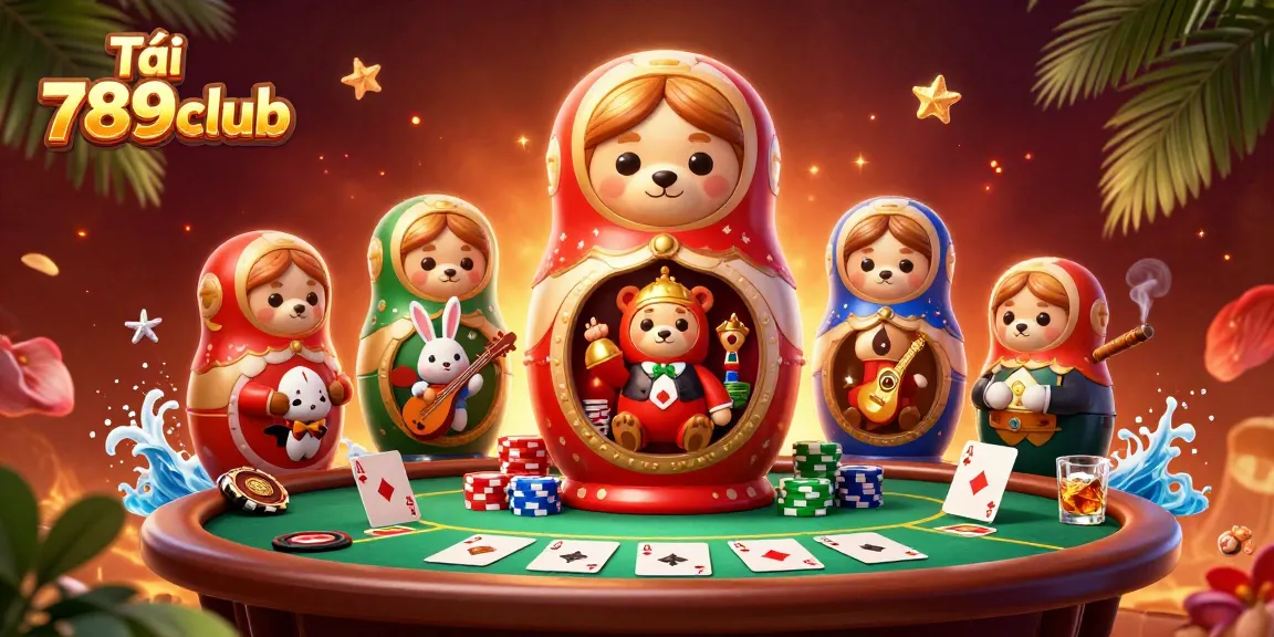 Tải 789club with 3D cartoon bears and poker elements, showcasing vibrant casino energy.