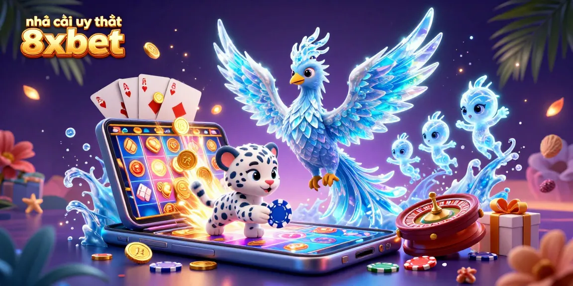 Engage with the vibrant world of nhà cái uy tín 8xbet, illustrated with dynamic casino elements and magical creatures.