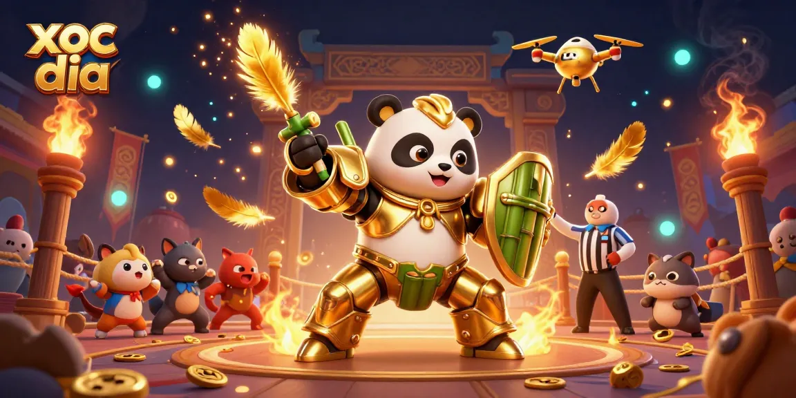 Engage in thrilling xoc dia action with a golden panda in a vibrant 3D casino arena packed with coins and excitement.