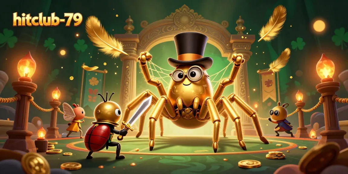 Engage with hitclub-79 featuring a vibrant 3D casino scene of a golden tarantula and brave beetle knight.