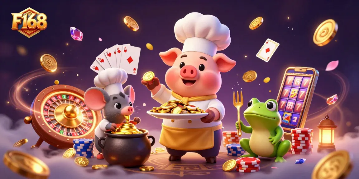 F168 gamers engage with gold coins, vibrant casino game elements, and fun cartoon characters.