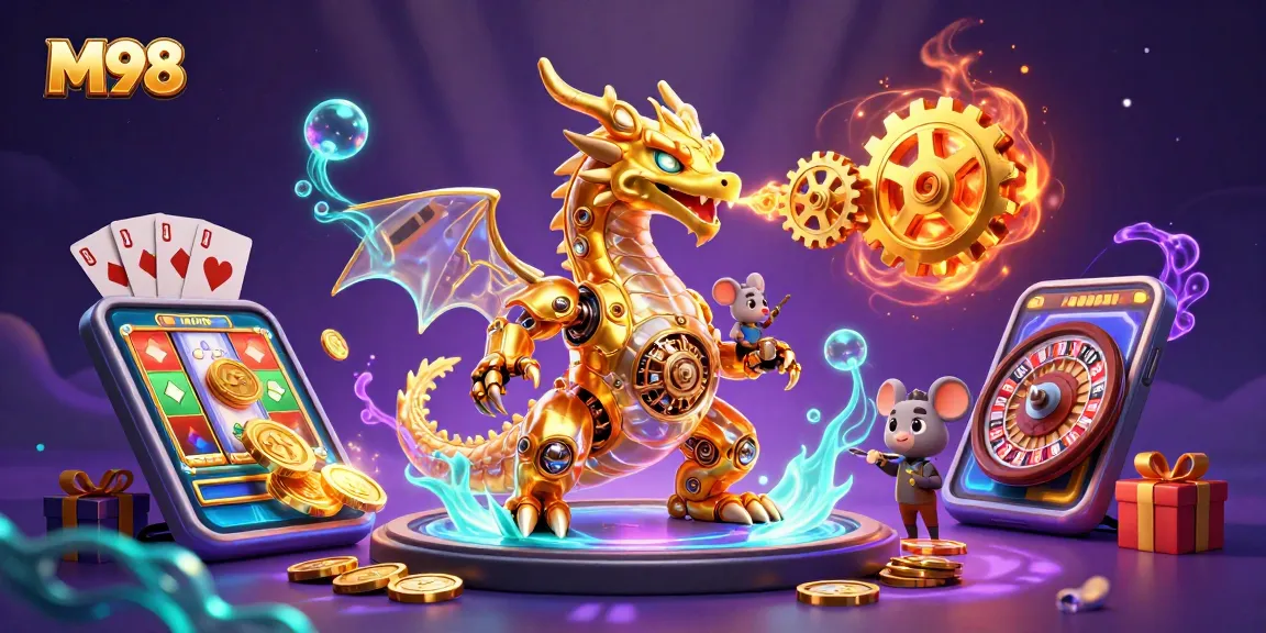 Experience M98's vibrant slot game with a golden dragon and fun casino elements.